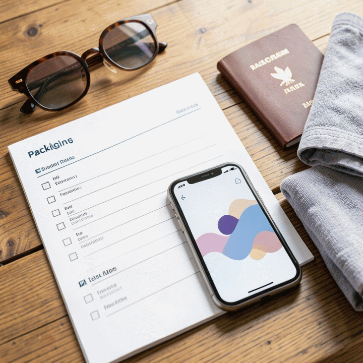 Close-up dari daftar periksa (checklist) perjalanan yang diletakkan di atas meja kayu, di samping smartphone yang menampilkan antarmuka checklist yang bersih.