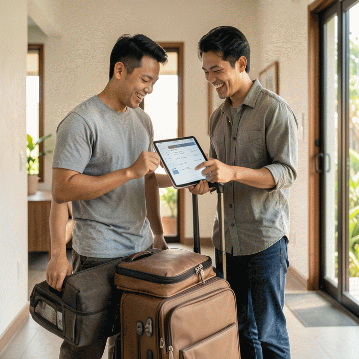Seseorang sedang memeriksa daftar periksa perjalanan digital di tablet sambil bersiap-siap di dekat koper, menunjukkan persiapan yang terorganisir dan antusias.