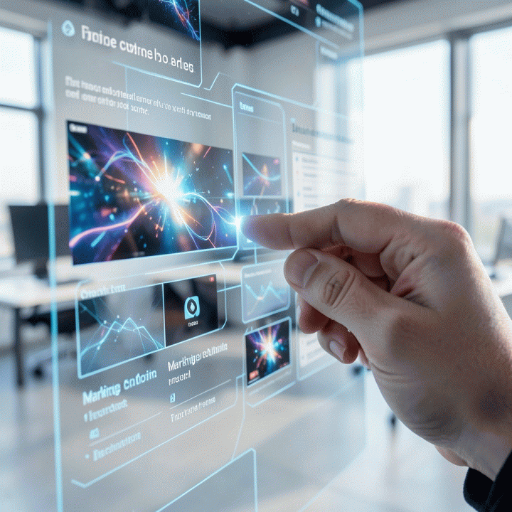 Tangan yang berinteraksi dengan antarmuka digital holografik yang menampilkan elemen-elemen kreatif dan checklist pemasaran, melambangkan otomatisasi pembuatan iklan.