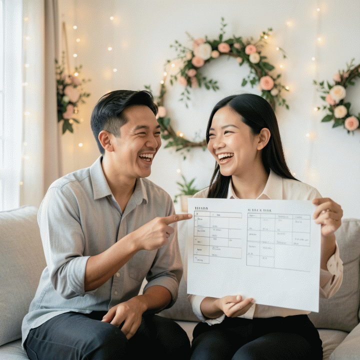 Pasangan pengantin yang santai dan bahagia sedang meninjau checklist persiapan pernikahan yang terorganisir, melambangkan proses perencanaan yang minim stres.