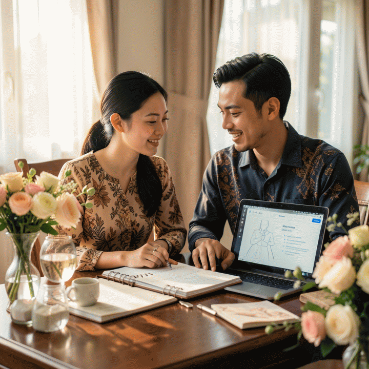 Pasangan pengantin Indonesia yang bahagia sedang merencanakan pernikahan mereka dengan suasana hangat dan terorganisir, menunjukkan kolaborasi dalam persiapan acara.