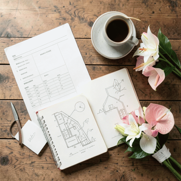 Tampilan atas (flat lay) peralatan perencanaan pernikahan yang terorganisir seperti checklist kertas, undangan sampel, dan bunga, menciptakan suasana siap merencanakan acara.