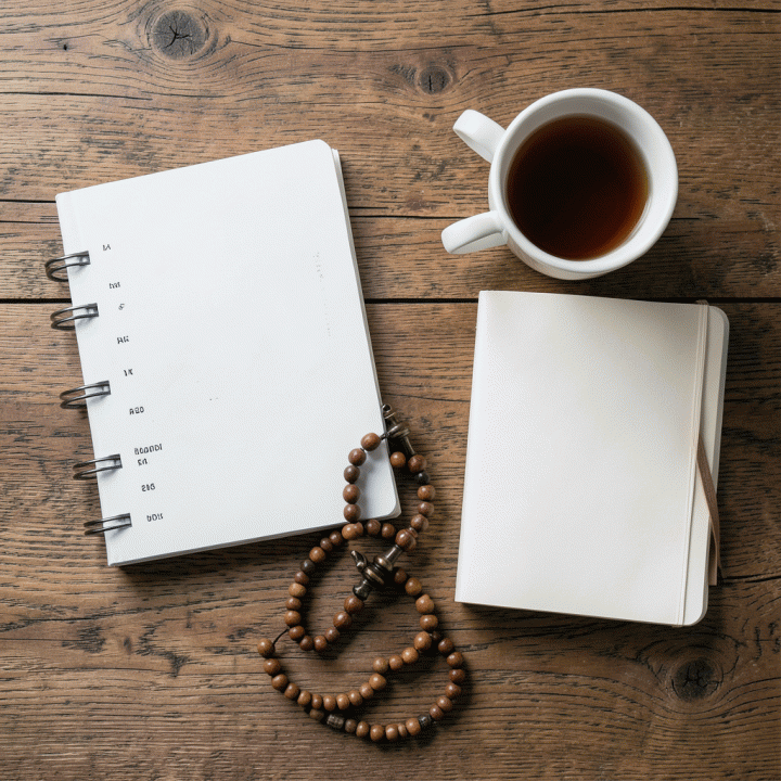 Komposisi flat lay alat bantu ibadah dan perencanaan harian (planner, tasbih, buku catatan) yang tertata rapi, melambangkan rutinitas konsisten.