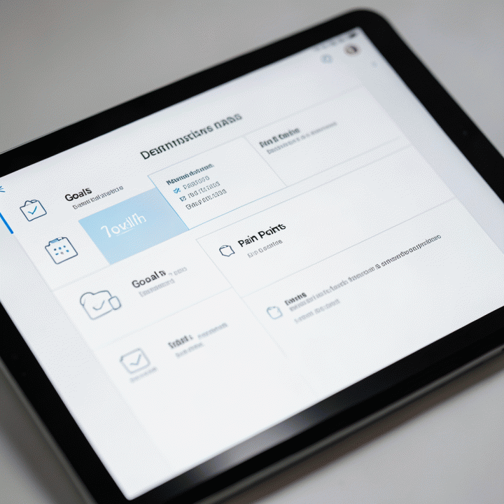 Tampilan tablet modern yang menampilkan blueprint persona AI yang terstruktur dan lengkap, dengan ikonografi minimalis.