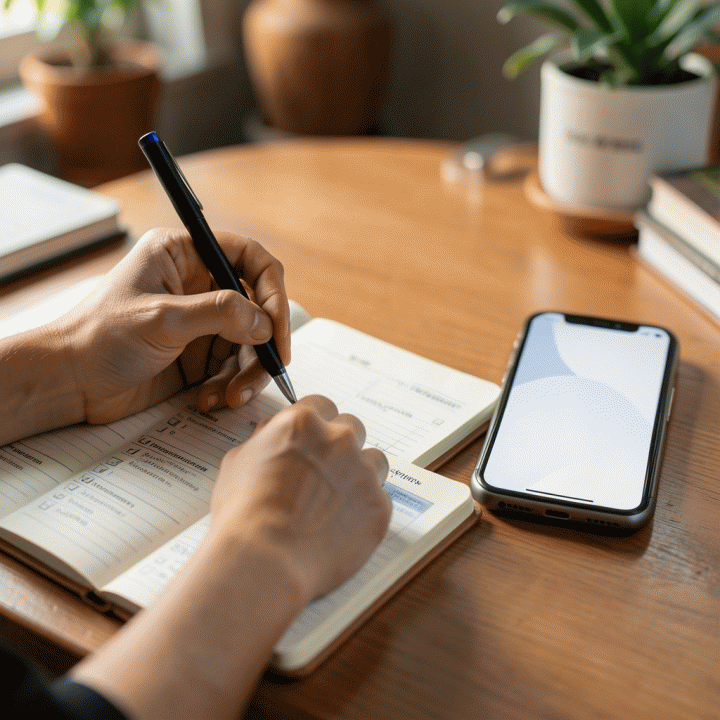 Tangan yang sedang mencentang daftar tugas (checklist) di buku catatan, di samping smartphone yang menampilkan aplikasi manajemen tugas.