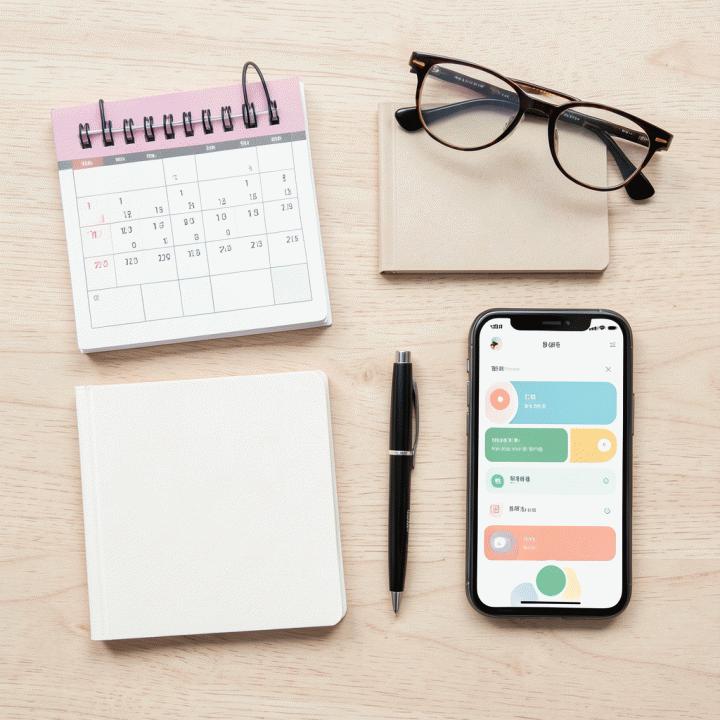 Tampilan dari atas (flat lay) berbagai alat produktivitas seperti planner, kalender, dan smartphone yang tertata rapi, melambangkan perencanaan komprehensif.