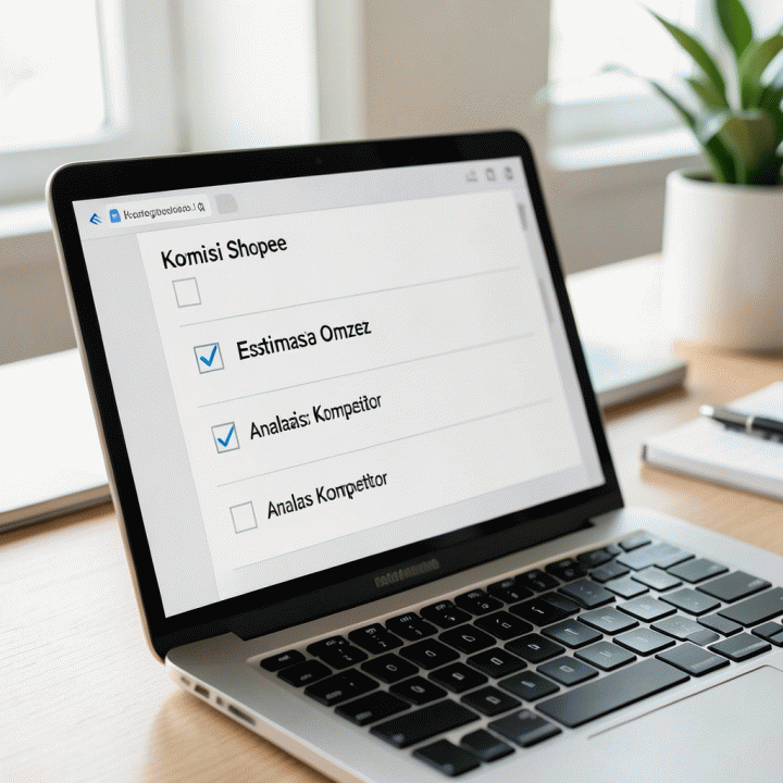 Tampilan checklist data wajib di laptop yang fokus pada analisis komisi dan omzet penjualan di platform e-commerce.