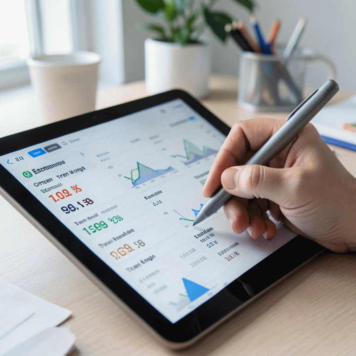 Tangan menganalisis data e-commerce dan tren pasar menggunakan tablet, menunjukkan langkah riset produk yang mendalam.