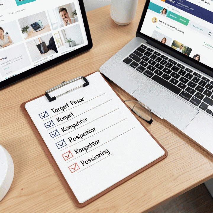 Checklist perencanaan bisnis e-commerce yang tersusun rapi di atas meja kerja, menandakan kesiapan sebelum memulai penjualan.