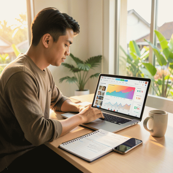 Ilustrasi fotorealistik seorang profesional muda Indonesia yang sedang merencanakan strategi bisnis e-commerce di depan laptop yang menampilkan dashboard analitik pasar Shopee.
