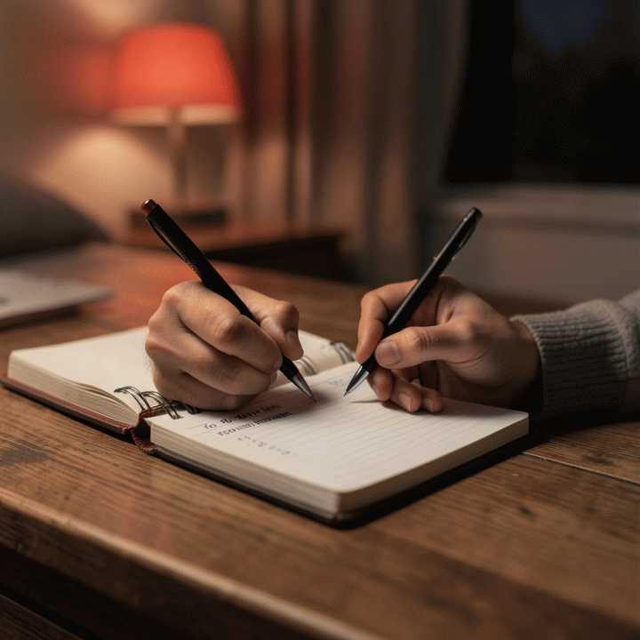 Tangan menulis jurnal atau daftar tugas sebagai bagian dari rutinitas mempersiapkan mental sebelum tidur.
