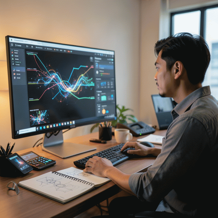 Pemandangan profesional di meja kerja digital marketing yang menunjukkan seseorang menggunakan alat AI canggih untuk menghasilkan konten iklan masif dan otomatis.