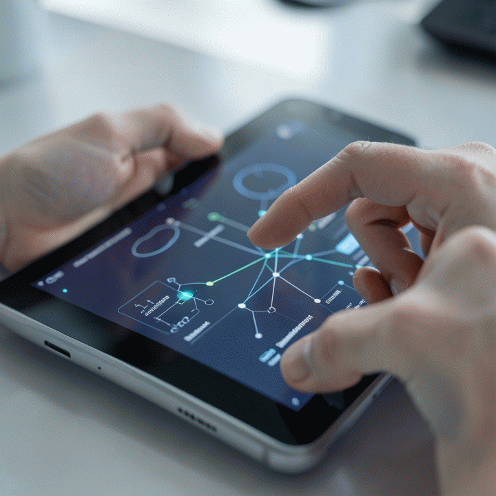 Tangan yang berinteraksi dengan tablet AI, menunjukkan proses otomatisasi dan manajemen konten digital yang efisien.