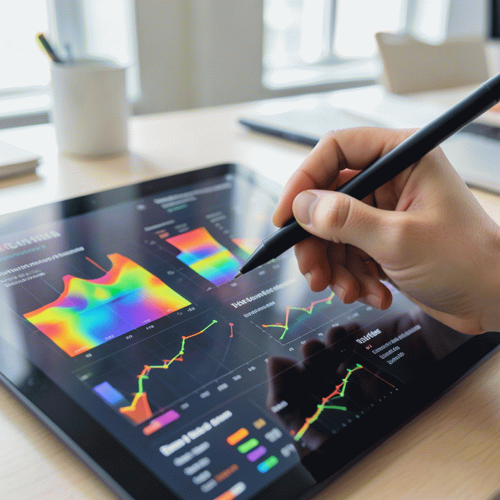 Tangan menggunakan stylus pada tablet yang menampilkan visualisasi data analitik e-commerce yang kompleks dan berwarna-warni, menunjukkan proses optimasi strategi bisnis.