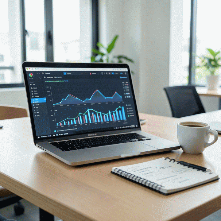 Tampilan meja kerja modern yang profesional dengan laptop menampilkan grafik data bisnis e-commerce yang abstrak, dihiasi secangkir kopi Indonesia, melambangkan optimasi strategi bisnis berbasis data.