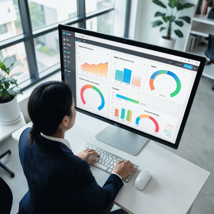 Tampilan dari atas (overhead shot) seorang profesional sedang menganalisis dashboard data e-commerce yang abstrak dan kaya informasi, menandakan pengambilan keputusan bisnis yang strategis.