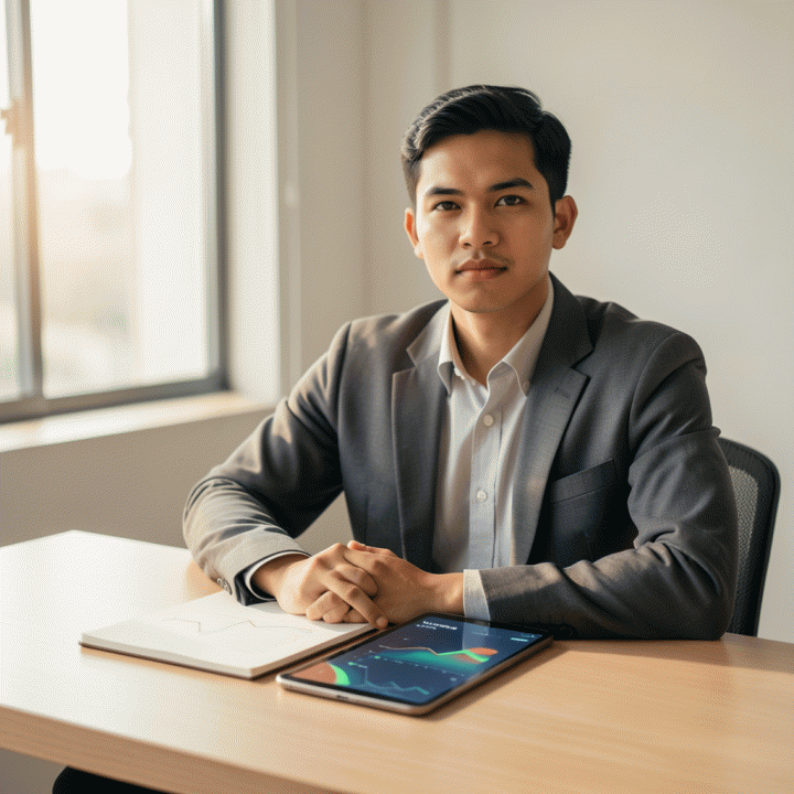 Seorang dewasa muda Indonesia yang tampak tenang dan percaya diri, duduk di meja kerja minimalis, menatap ke depan dengan latar belakang grafik keuangan yang menunjukkan pertumbuhan positif, melambangkan pengelolaan utang yang berhasil.