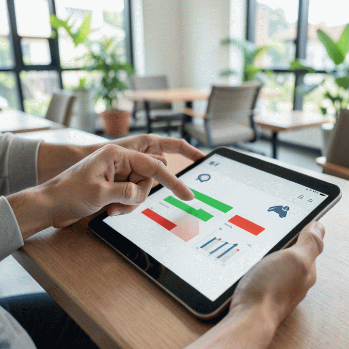 Dua tangan yang berinteraksi dengan tablet yang menampilkan dasbor keuangan abstrak, menunjukkan progres pelunasan utang yang terstruktur dan terukur.