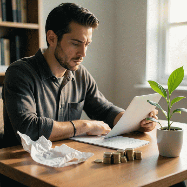 Ilustrasi fotorealistik seorang profesional yang terlihat tenang dan fokus di meja kerja, membandingkan kekacauan finansial masa lalu dengan rencana pelunasan utang yang terstruktur dan penuh harapan.
