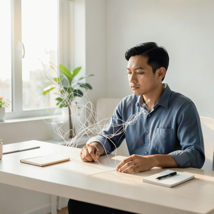 Seorang individu yang terlihat tenang dan berpikir jernih di meja kerja modern, sedang melihat visualisasi abstrak utang yang berubah dari kekacauan menjadi jalur yang teratur dan jelas, melambangkan pengelolaan keuangan yang efektif.
