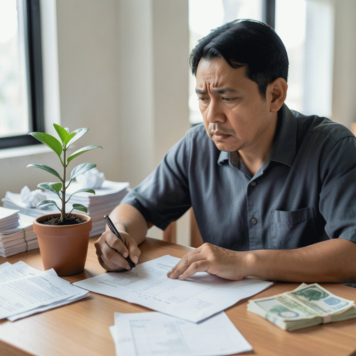Seseorang dengan ekspresi cemas dan penuh rencana di meja kayu saat mengelola dokumen keuangan yang banyak, menyiratkan tantangan utang dan harapan akan pemulihan finansial.