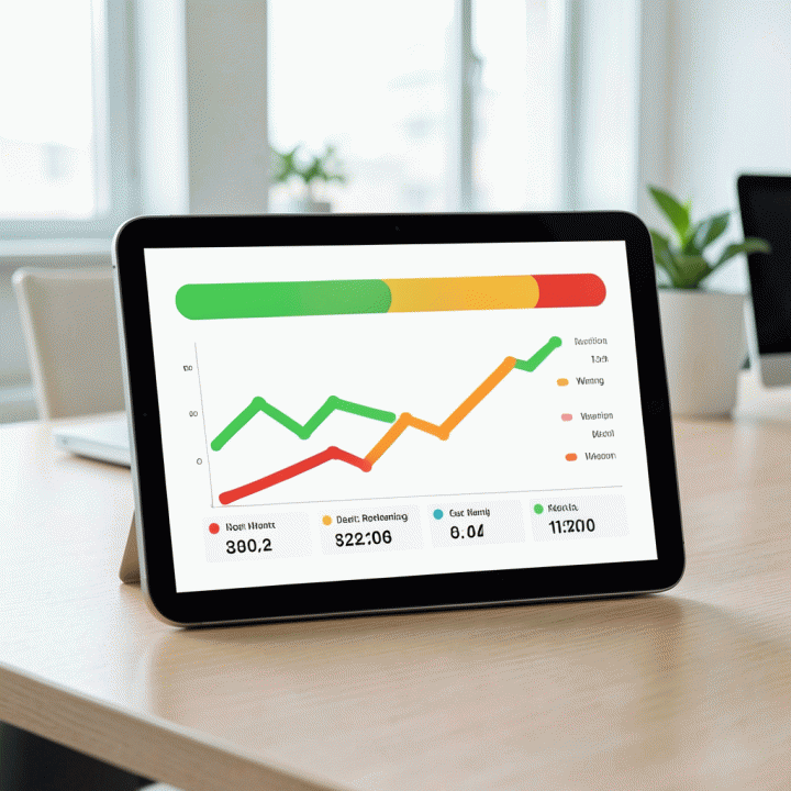 Visualisasi dashboard keuangan yang sederhana dan optimis di tablet, menampilkan grafik progress pengurangan utang tanpa teks.