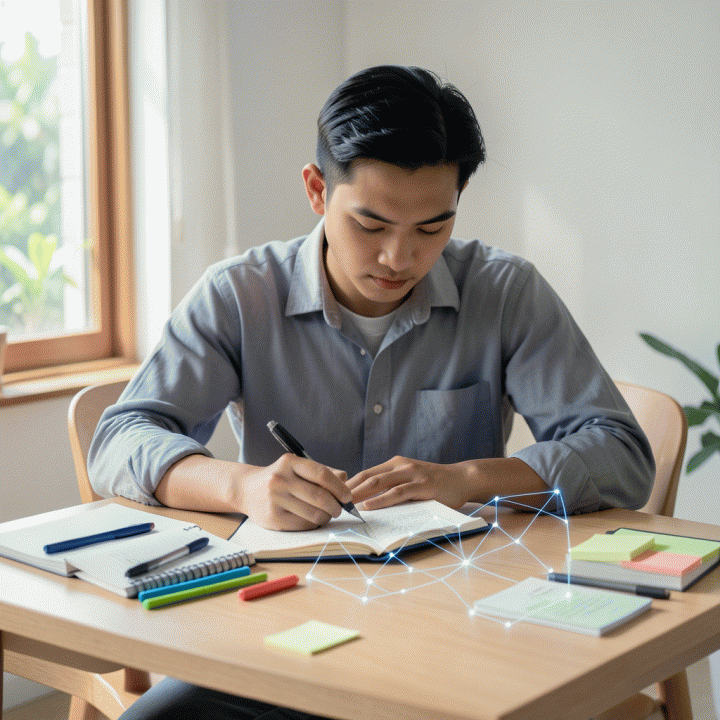Seorang individu muda Indonesia sedang merefleksikan diri dan membuat jurnal di meja kerja yang estetik, dengan bantuan visualisasi pikiran (mind map) yang abstrak.