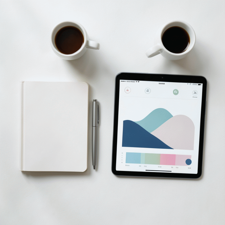 Tampilan atas (flat lay) jurnal dan alat tulis modern di samping tablet yang menampilkan antarmuka abstrak untuk pelacakan suasana hati atau ide.