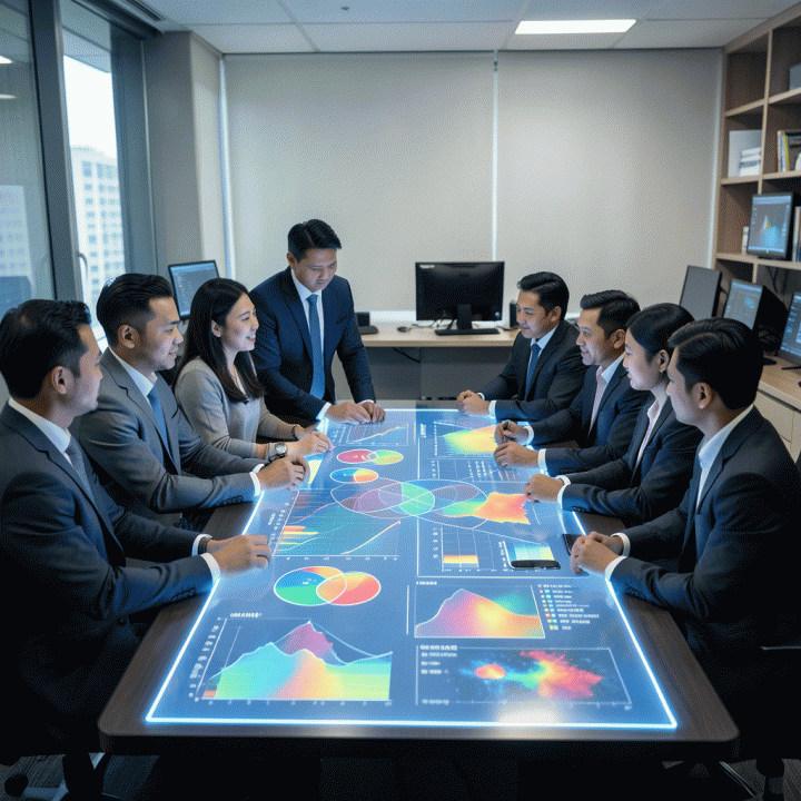 Sejumlah profesional pemasaran yang sedang menganalisis data kompetitif yang kompleks dan mengidentifikasi celah pasar menggunakan visualisasi data holografik di ruang rapat modern.