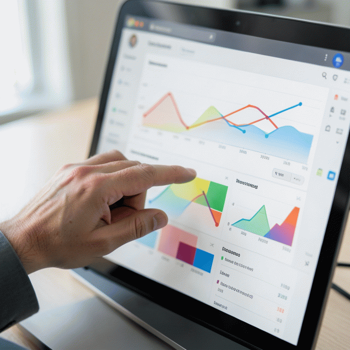 Tangan seorang manajer pemasaran berinteraksi dengan dashboard analitik data yang abstrak, menunjukkan proses identifikasi celah pasar secara digital.