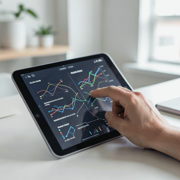 Tangan seorang profesional yang sedang menganalisis dan membandingkan data kompetitor pada tablet futuristik untuk menemukan celah pasar.