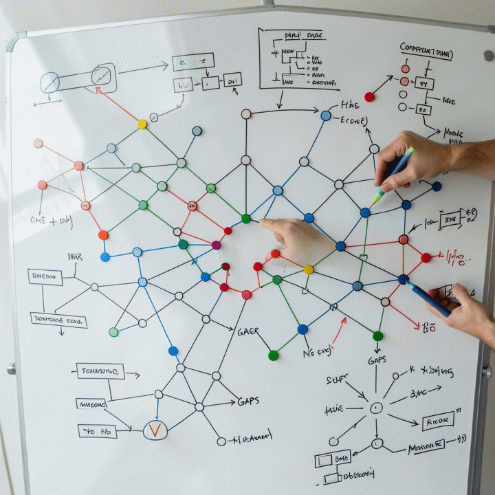Diagram strategi pemasaran di papan tulis yang menyoroti celah atau kelemahan dalam strategi kompetitor.