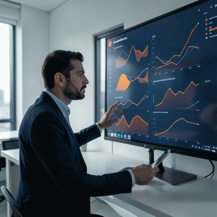 Digital marketing manager analyzing competitive gap analysis data on a large screen, demonstrating strategic market insight.