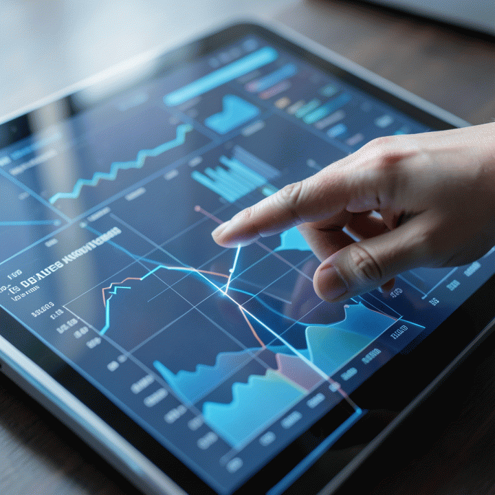 Tangan seorang profesional yang sedang menganalisis data di antarmuka digital futuristik, mengidentifikasi celah peluang pasar.