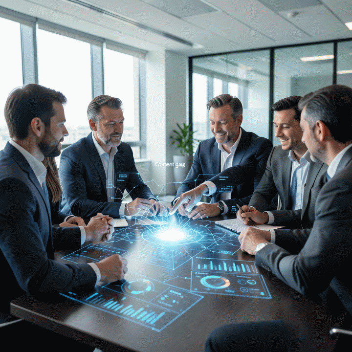 Sekelompok profesional digital marketing menganalisis data kompleks di meja modern, menunjuk pada celah (gap) strategi konten yang akan menjadi keunggulan pemasaran.