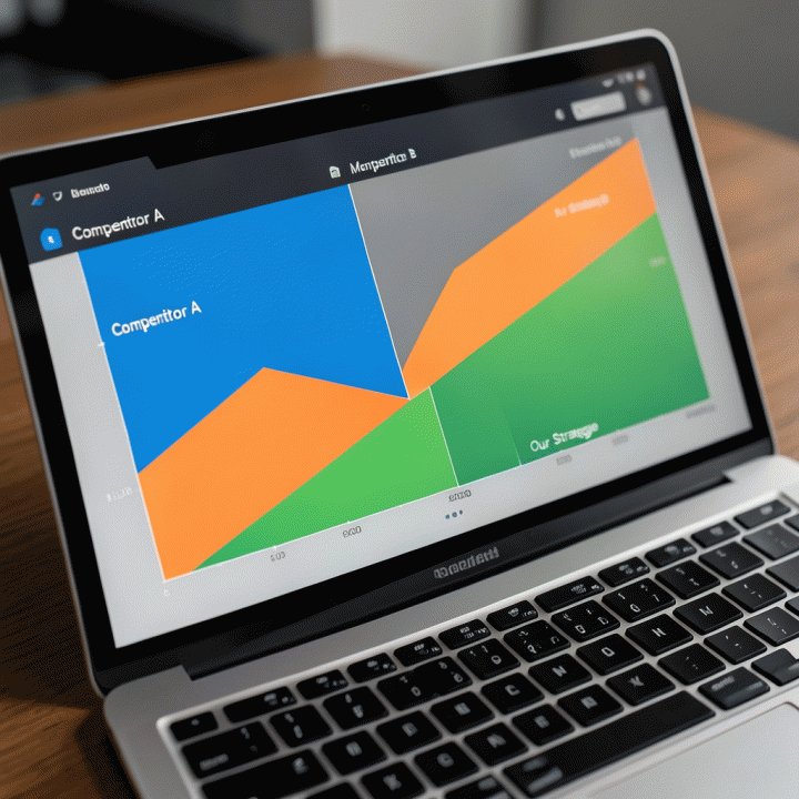 Tampilan dashboard data di laptop yang membandingkan tiga kompetitor dan menyoroti celah strategi konten yang belum tergarap.