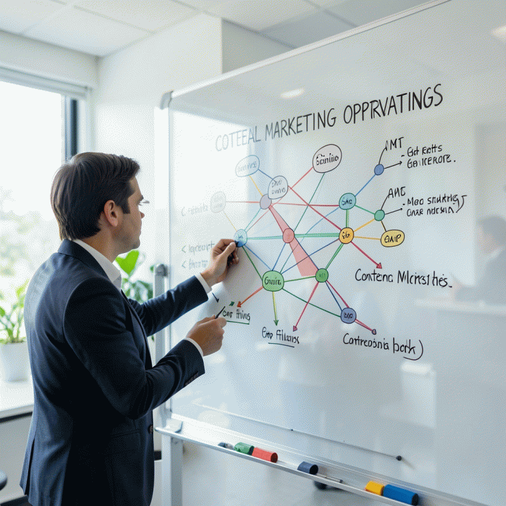 Seorang manajer pemasaran sedang membuat peta strategi konten di whiteboard, menunjukkan area celah pasar yang perlu diisi.