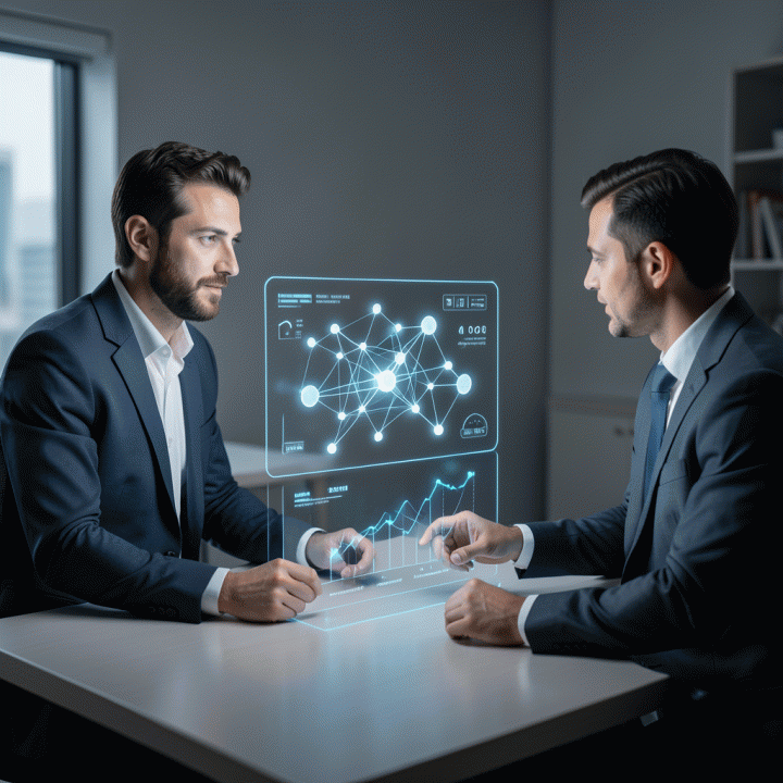 Seorang profesional pemasaran digital dan pemilik bisnis berdiskusi di depan tampilan holografik data yang menunjukkan celah pasar dan wawasan kompetitif yang teridentifikasi.