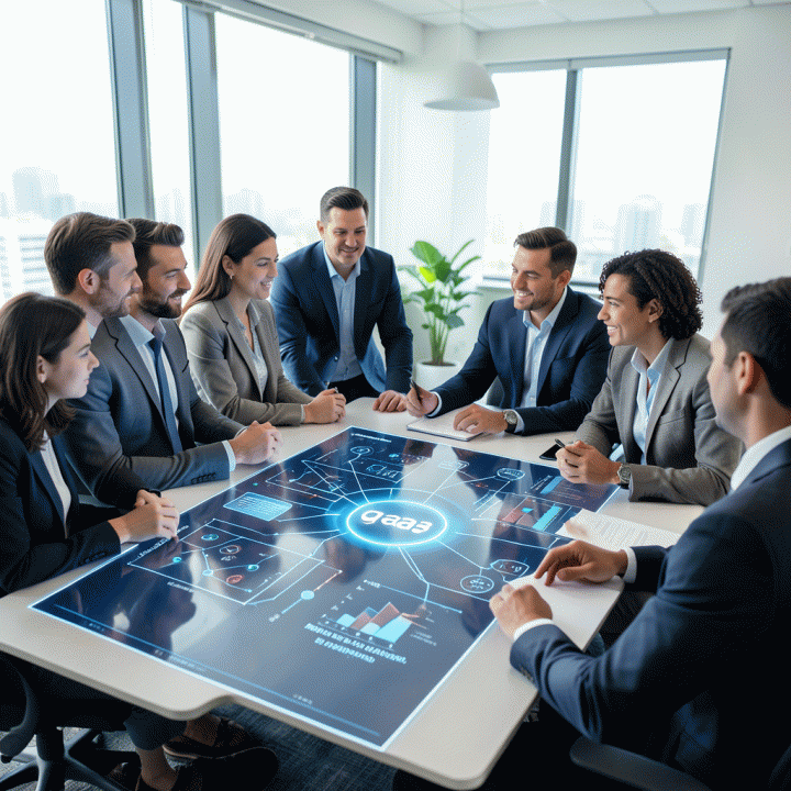 Seorang tim profesional digital marketing sedang menganalisis data pasar dan mengidentifikasi celah kompetitif pada layar holografik di ruang rapat modern.