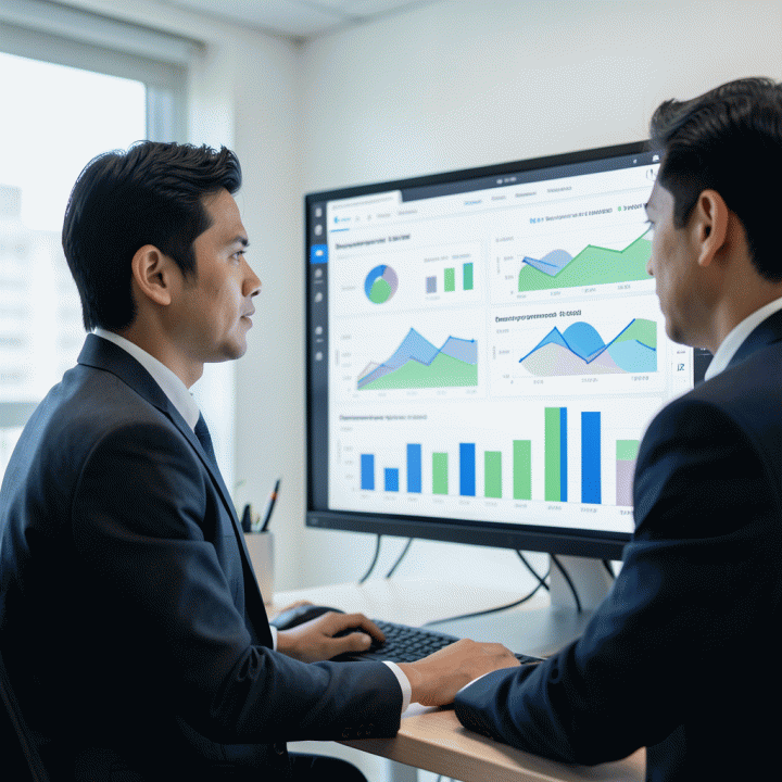 Seorang manajer pemasaran melihat dashboard digital yang menampilkan visualisasi data abstrak untuk membandingkan dan menemukan keunggulan kompetitif.