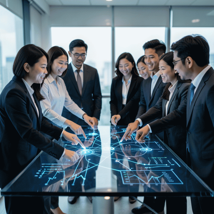 Tim profesional pemasaran berkolaborasi menganalisis data visualisasi di meja interaktif, mengubah data kompleks menjadi strategi yang jelas.