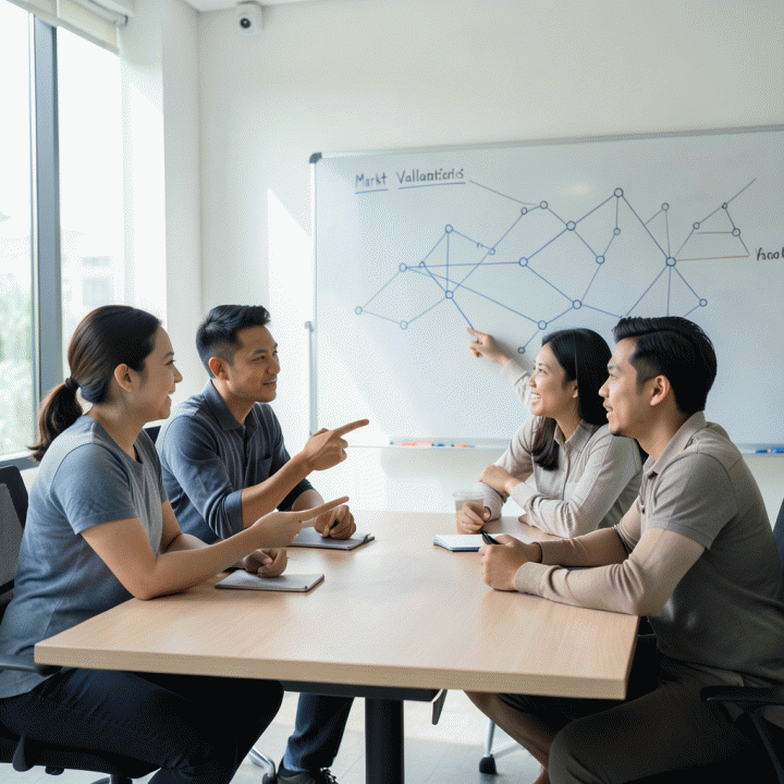 Tim startup profesional Indonesia berdiskusi intens di meja modern, membuat diagram alur strategi validasi pasar, melambangkan perencanaan bisnis yang terstruktur.