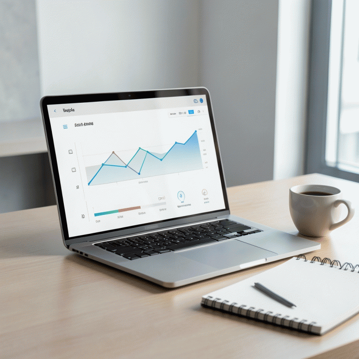 Meja kerja modern dengan laptop menampilkan dashboard data abstrak, melambangkan otomatisasi dan pemetaan alur kerja riset pasar yang efisien.