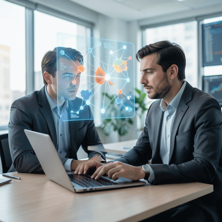 Seorang manajer pemasaran di kantor modern yang sedang menganalisis celah konten (content gap) menggunakan visualisasi data holografik di atas laptop, menunjukkan penemuan peluang pasar.