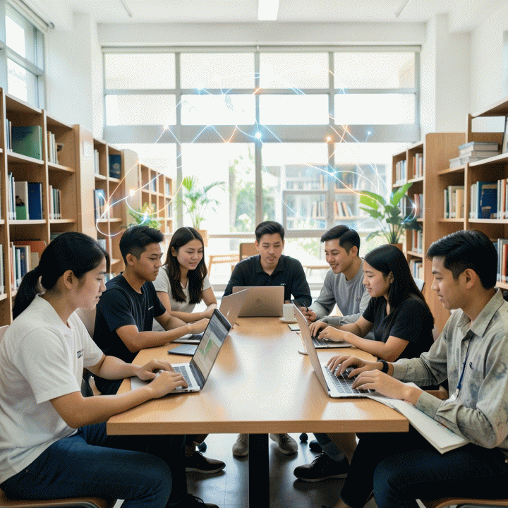 Mahasiswa Indonesia yang sedang melakukan asesmen diri dan diskusi akademik di perpustakaan modern, melambangkan proses pemetaan potensi diri.