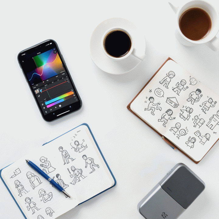 Komposisi flat lay berisi perlengkapan konten kreatif dan alat digital untuk brainstorming ide viral.