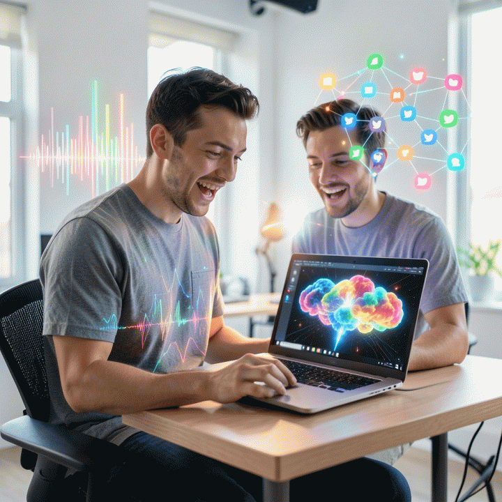 Seorang content creator yang antusias bekerja di studio modern dengan visualisasi energi ide digital dan konsep viralitas yang melayang di sekelilingnya.