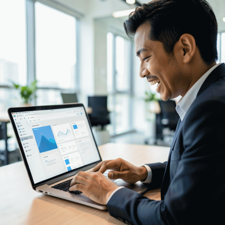 Seorang profesional menggunakan laptop dengan antarmuka AI builder yang mudah digunakan untuk membuat landing page dengan cepat.