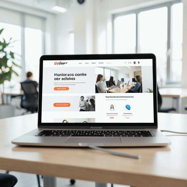 Tampilan layar laptop yang menampilkan desain landing page konversi tinggi yang modern dan profesional, menonjolkan struktur dan alur yang efektif.