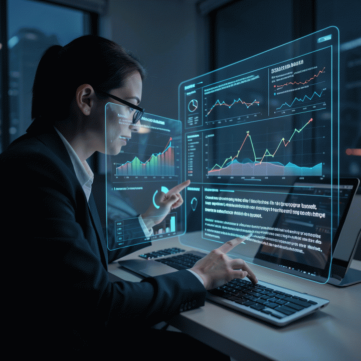 Digital marketing analyst viewing holographic data visualizations for competitor analysis and AI-generated ad copy optimization.